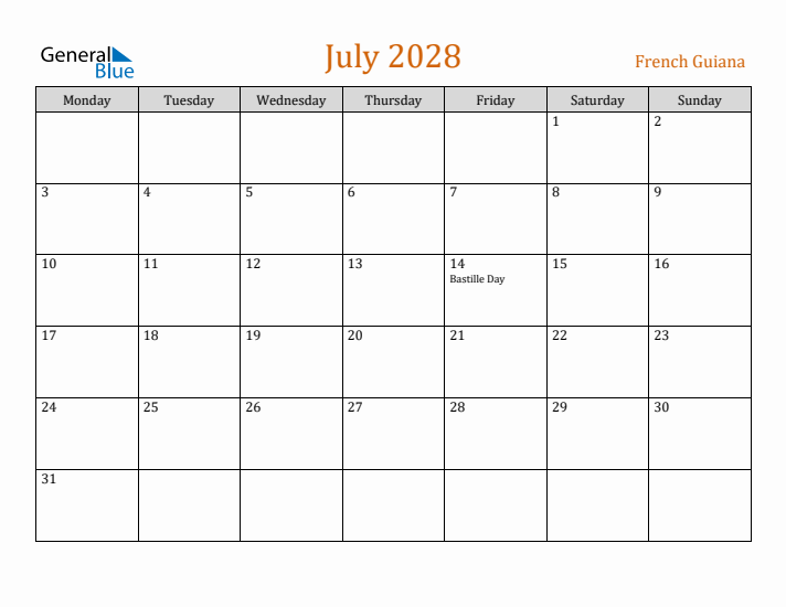 July 2028 Holiday Calendar with Monday Start