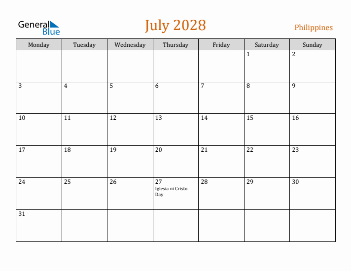 July 2028 Holiday Calendar with Monday Start