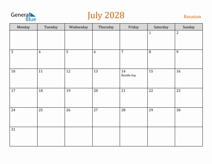 July 2028 Holiday Calendar with Monday Start