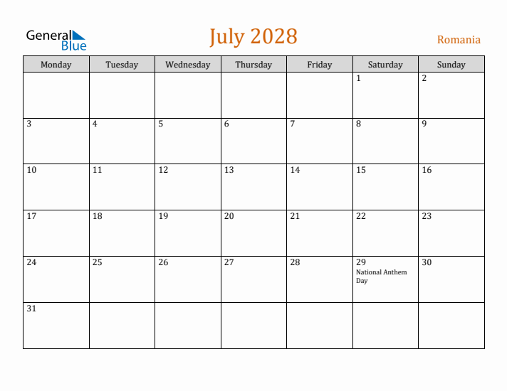 July 2028 Holiday Calendar with Monday Start