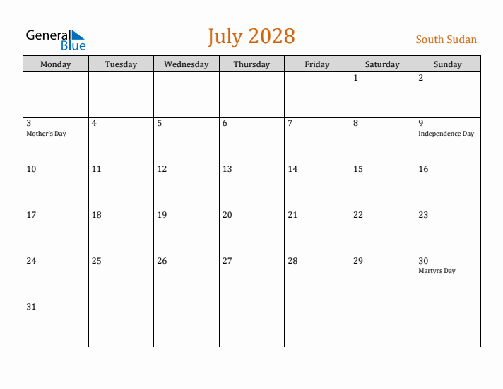 July 2028 Holiday Calendar with Monday Start