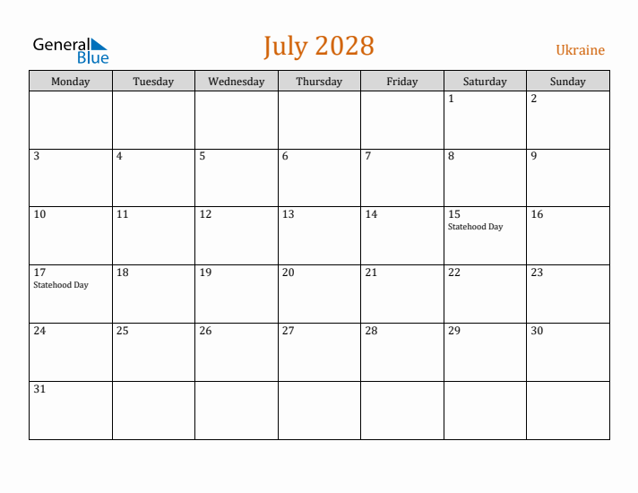 July 2028 Holiday Calendar with Monday Start