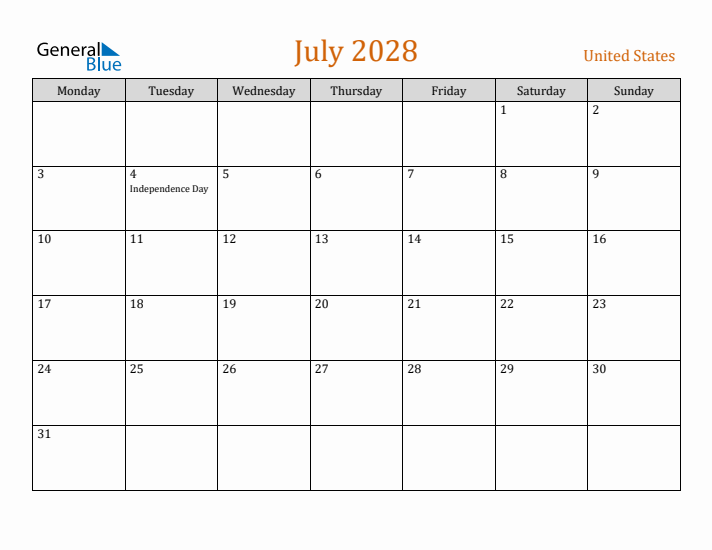 July 2028 Holiday Calendar with Monday Start