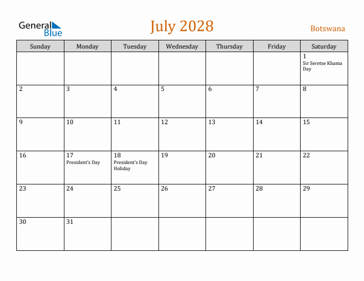 July 2028 Holiday Calendar with Sunday Start