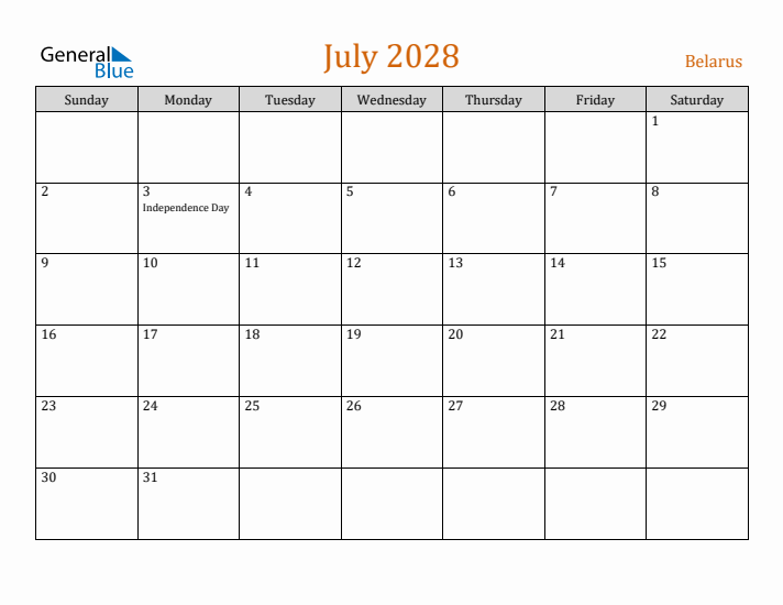 July 2028 Holiday Calendar with Sunday Start