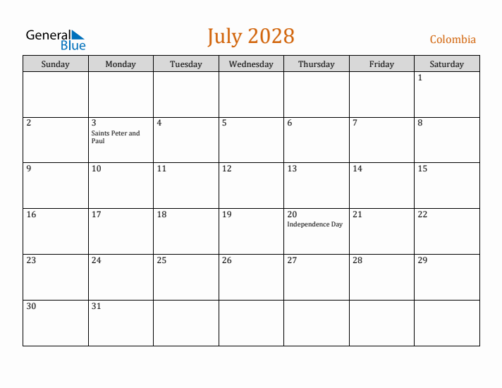 July 2028 Holiday Calendar with Sunday Start