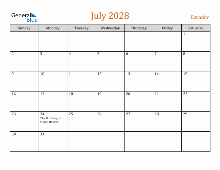 July 2028 Holiday Calendar with Sunday Start