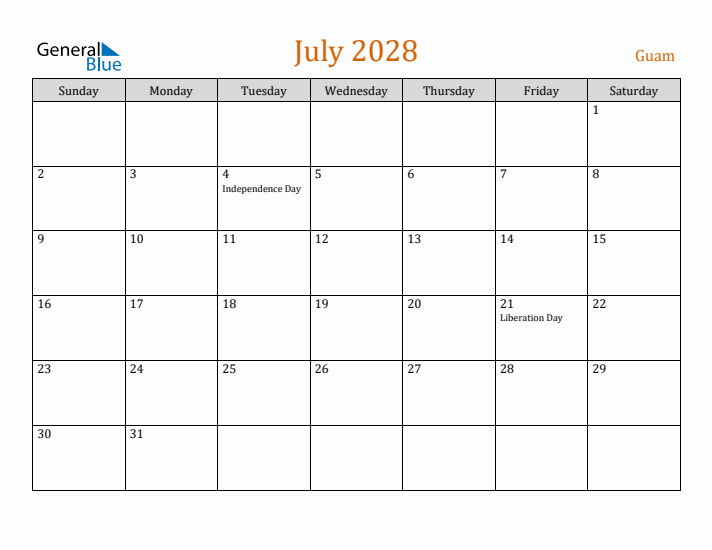 July 2028 Holiday Calendar with Sunday Start