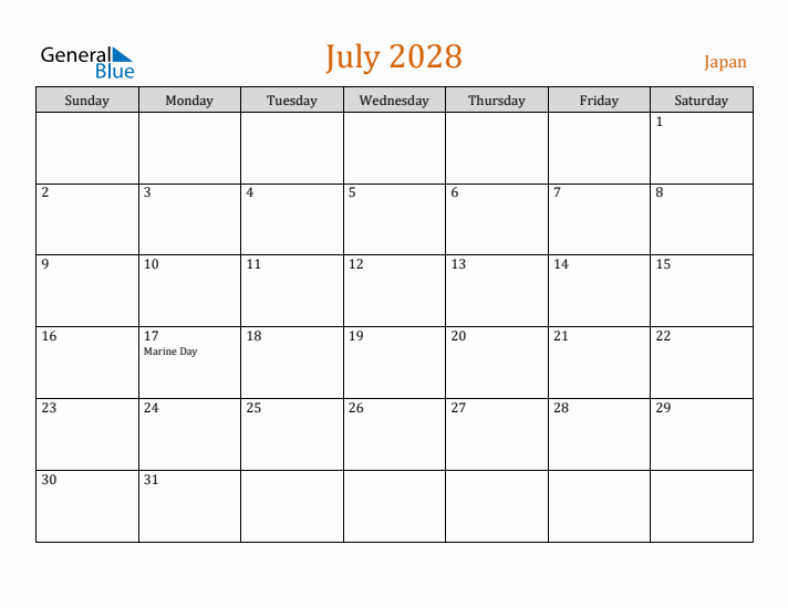 July 2028 Holiday Calendar with Sunday Start