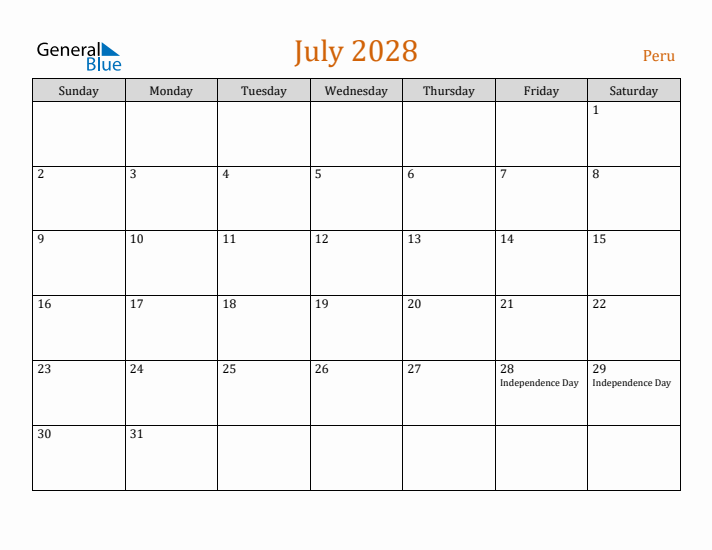 July 2028 Holiday Calendar with Sunday Start