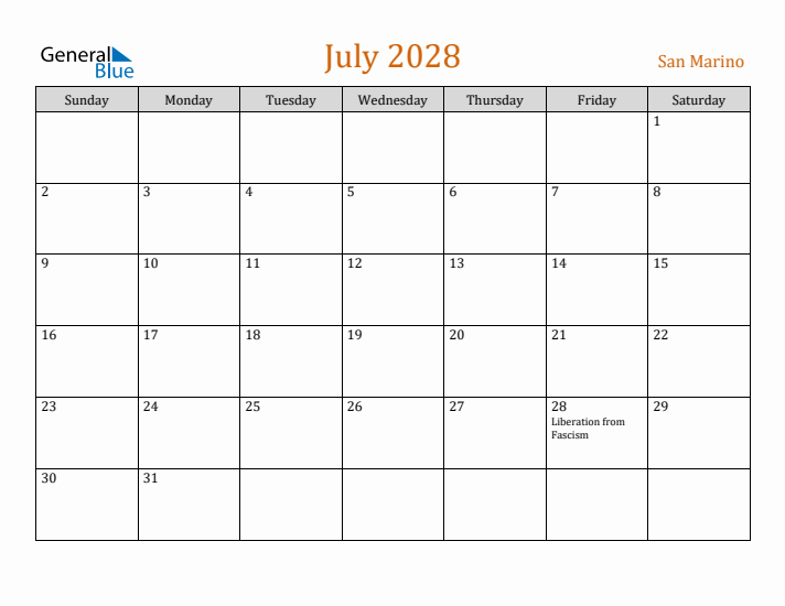 July 2028 Holiday Calendar with Sunday Start