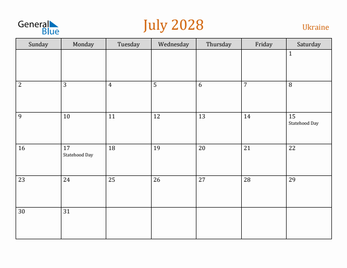 July 2028 Holiday Calendar with Sunday Start