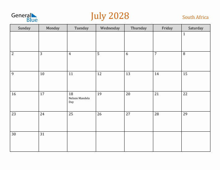 July 2028 Holiday Calendar with Sunday Start