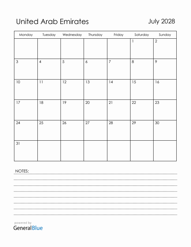 July 2028 United Arab Emirates Calendar with Holidays (Monday Start)