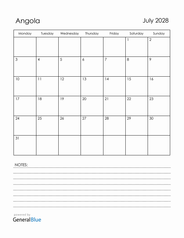 July 2028 Angola Calendar with Holidays (Monday Start)