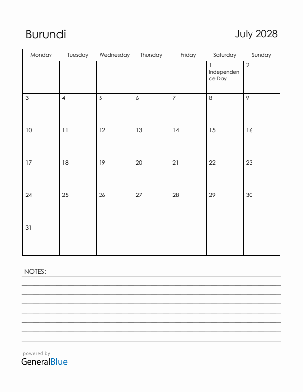 July 2028 Burundi Calendar with Holidays (Monday Start)