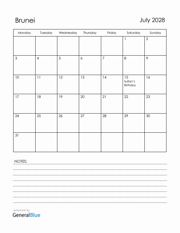 July 2028 Brunei Calendar with Holidays (Monday Start)