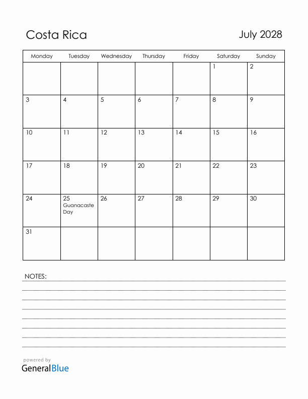 July 2028 Costa Rica Calendar with Holidays (Monday Start)