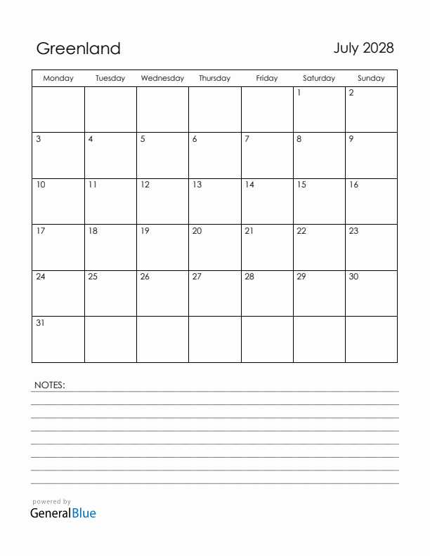 July 2028 Greenland Calendar with Holidays (Monday Start)