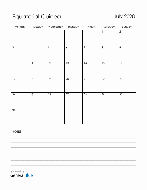 July 2028 Equatorial Guinea Calendar with Holidays (Monday Start)