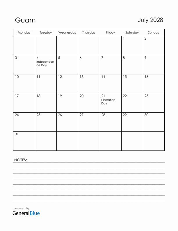 July 2028 Guam Calendar with Holidays (Monday Start)