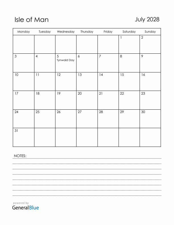 July 2028 Isle of Man Calendar with Holidays (Monday Start)