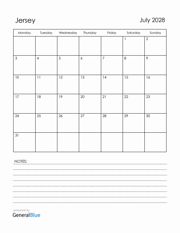 July 2028 Jersey Calendar with Holidays (Monday Start)