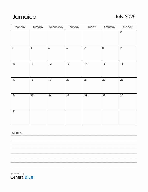 July 2028 Jamaica Calendar with Holidays (Monday Start)