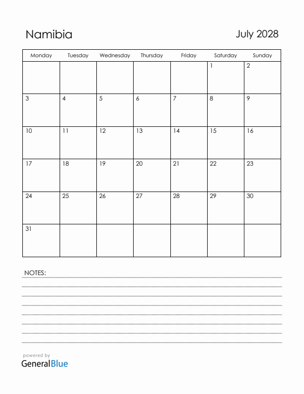 July 2028 Namibia Calendar with Holidays (Monday Start)