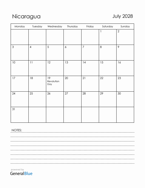 July 2028 Nicaragua Calendar with Holidays (Monday Start)