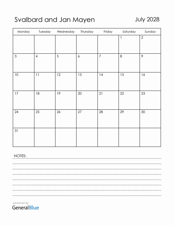 July 2028 Svalbard and Jan Mayen Calendar with Holidays (Monday Start)