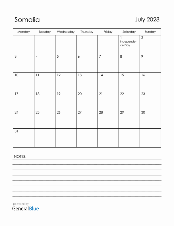 July 2028 Somalia Calendar with Holidays (Monday Start)