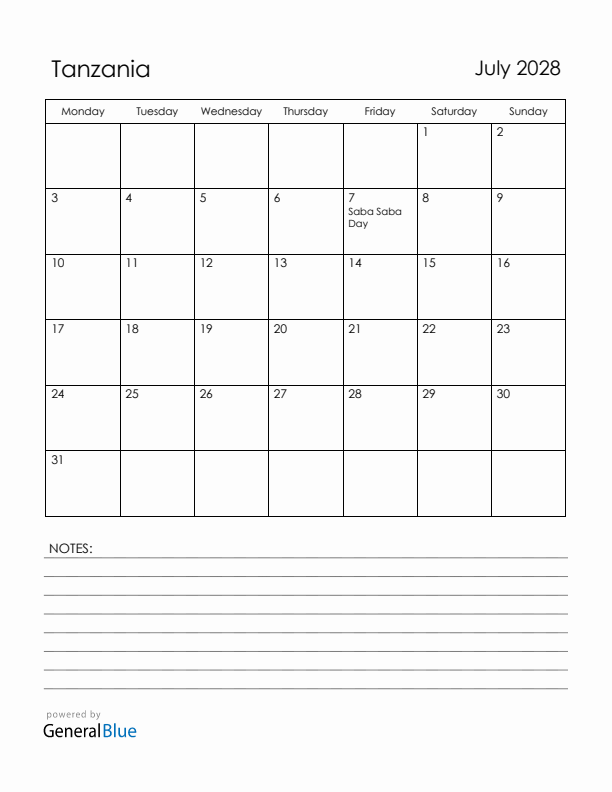 July 2028 Tanzania Calendar with Holidays (Monday Start)