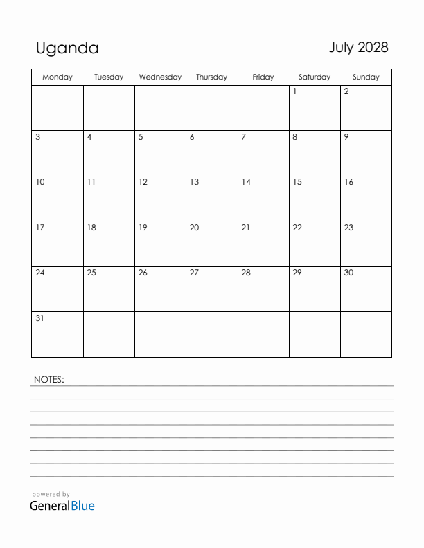 July 2028 Uganda Calendar with Holidays (Monday Start)