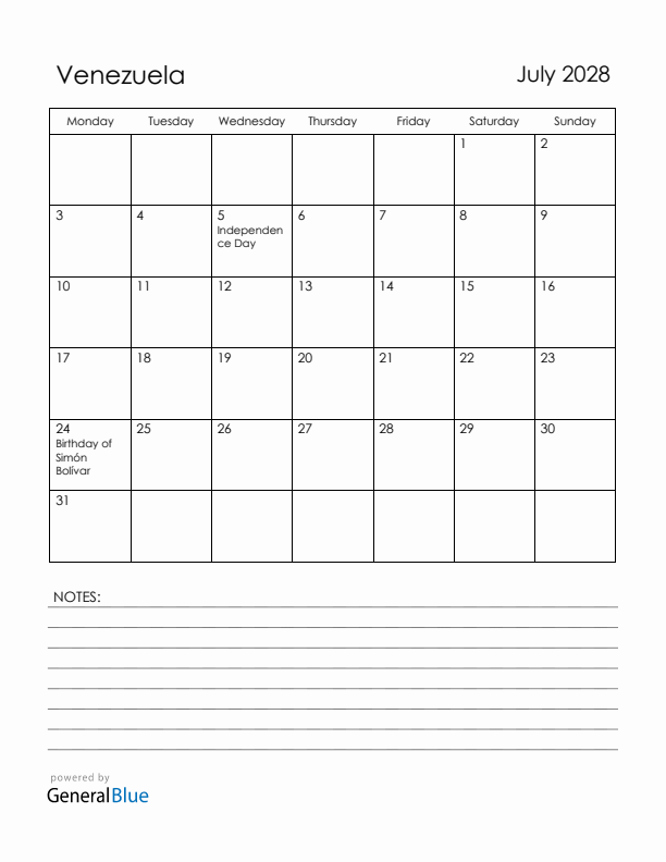 July 2028 Venezuela Calendar with Holidays (Monday Start)