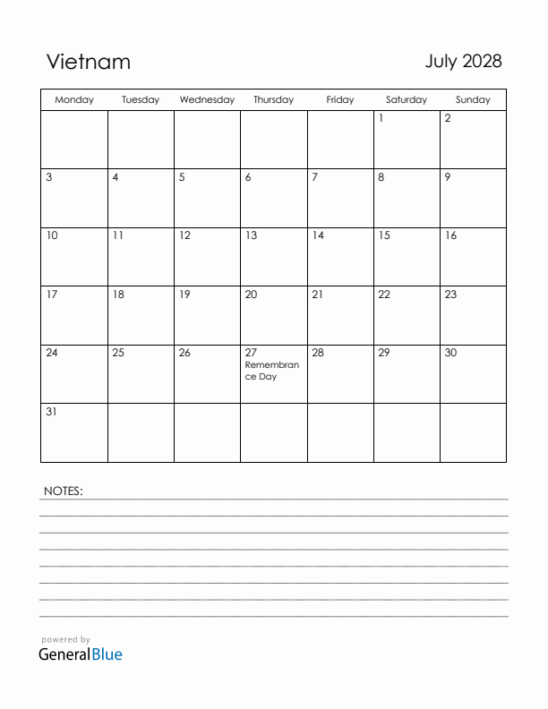 July 2028 Vietnam Calendar with Holidays (Monday Start)