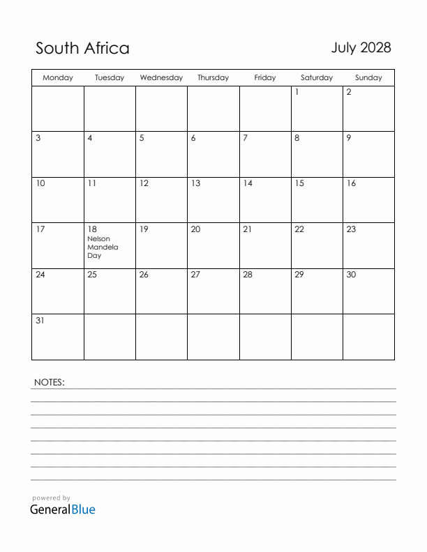 July 2028 South Africa Calendar with Holidays (Monday Start)
