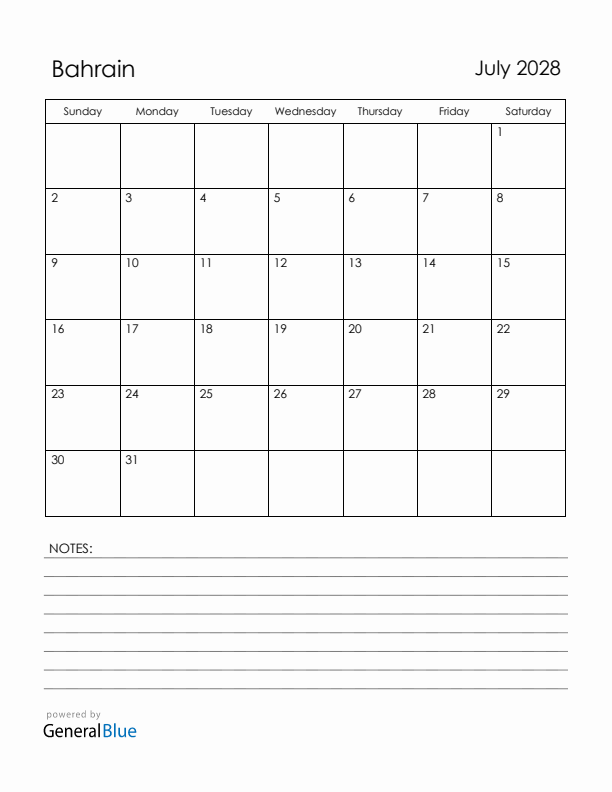 July 2028 Bahrain Calendar with Holidays (Sunday Start)