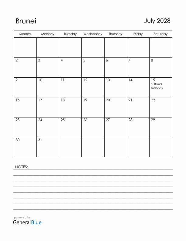 July 2028 Brunei Calendar with Holidays (Sunday Start)