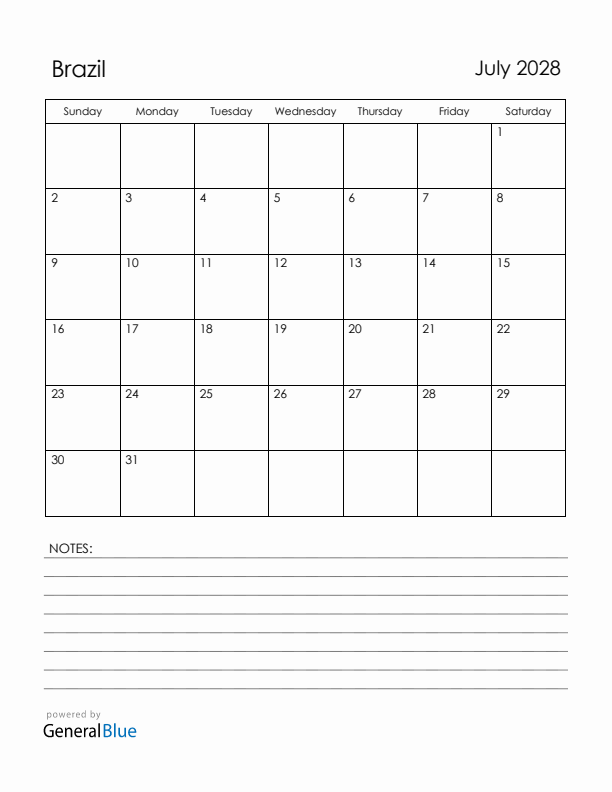 July 2028 Brazil Calendar with Holidays (Sunday Start)