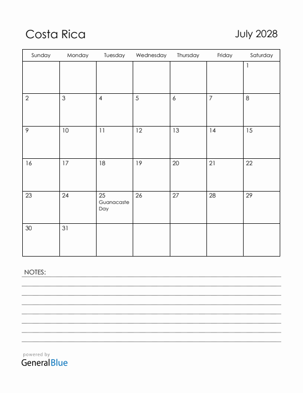 July 2028 Costa Rica Calendar with Holidays (Sunday Start)