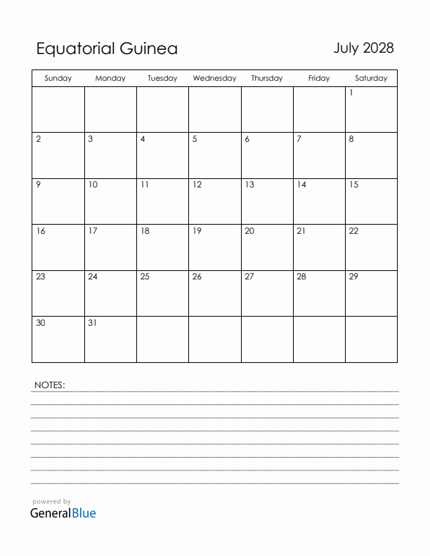 July 2028 Equatorial Guinea Calendar with Holidays (Sunday Start)