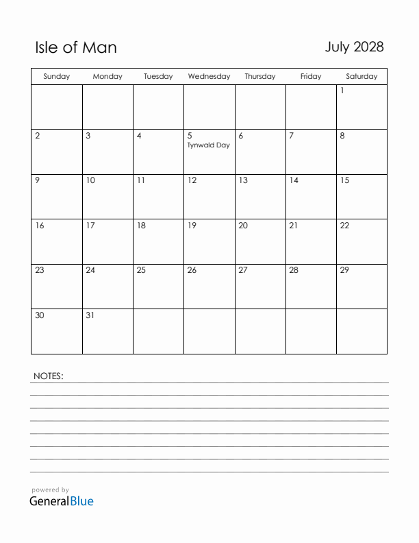 July 2028 Isle of Man Calendar with Holidays (Sunday Start)