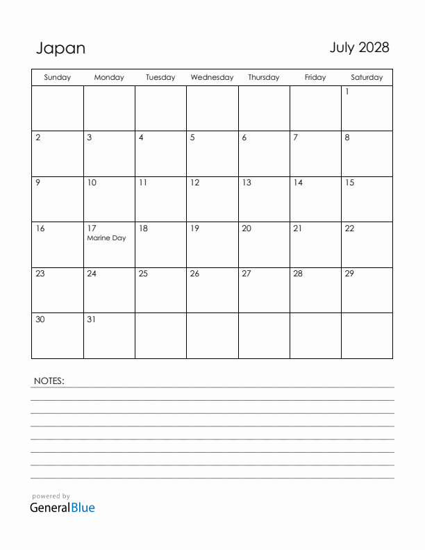 July 2028 Japan Calendar with Holidays (Sunday Start)