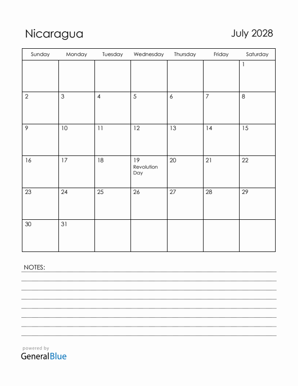 July 2028 Nicaragua Calendar with Holidays (Sunday Start)