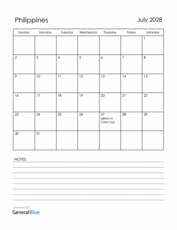 July 2028 Philippines Calendar with Holidays (Sunday Start)