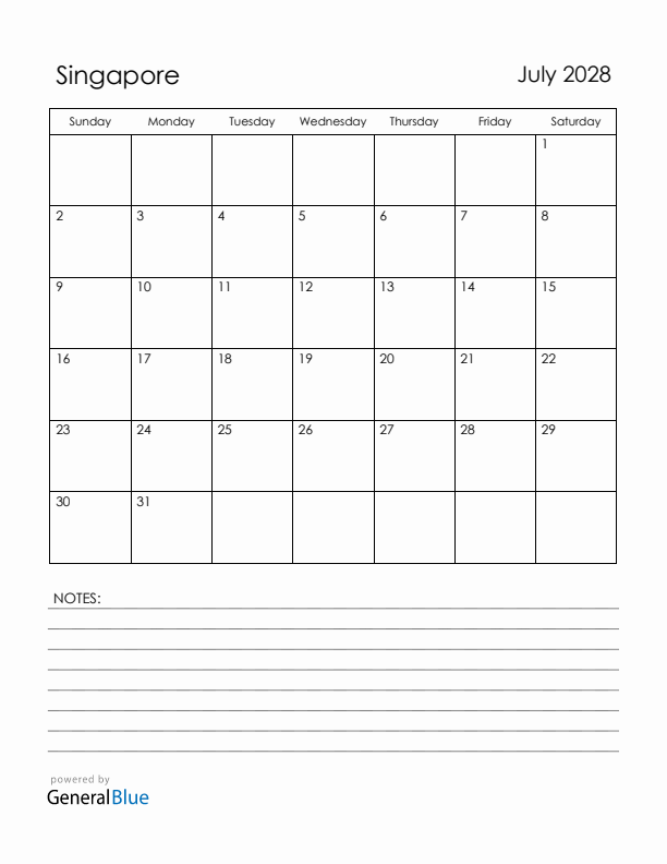 July 2028 Singapore Calendar with Holidays (Sunday Start)