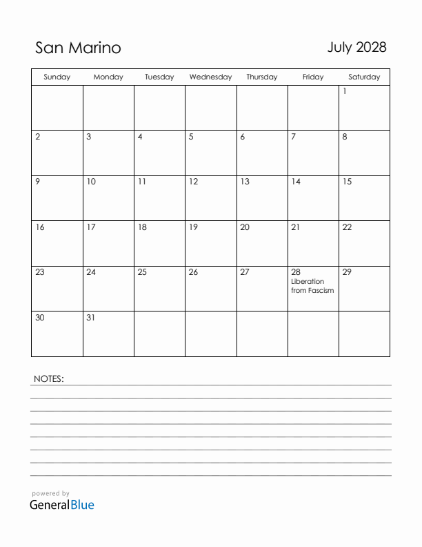 July 2028 San Marino Calendar with Holidays (Sunday Start)