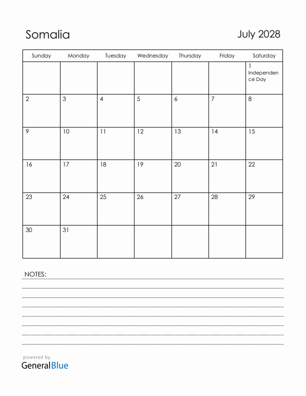 July 2028 Somalia Calendar with Holidays (Sunday Start)