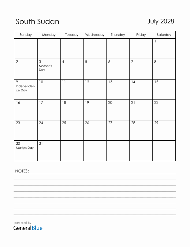 July 2028 South Sudan Calendar with Holidays (Sunday Start)